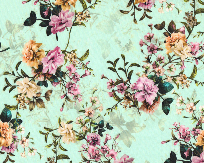 Baumwolljersey FLOWERS, Blumenranken, mintgrün