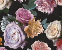 Satinstoff CAI, Rosen, aprikot-schwarz, Hilco