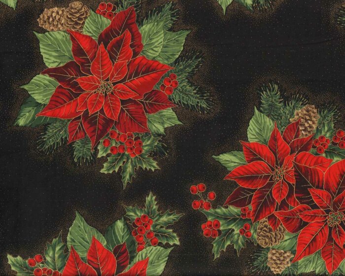 Metallic-Patchworkstoff HOLIDAY FLOURISH, Weihnachtsstern-Gesteck, schwarz-gold, Robert Kaufman