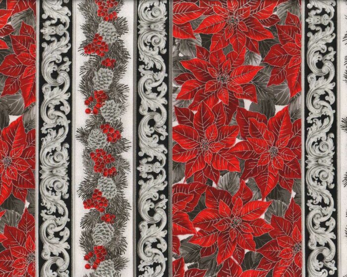 Metallic-Patchworkstoff HOLIDAY FLOURISH, Bordüre-Streifen, rot-silber, Robert Kaufman