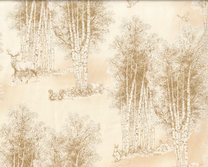 Metallic-Patchworkstoff WILDWOOD GRACE, Birkenwald mit Tieren, beige-gold, Robert Kaufman