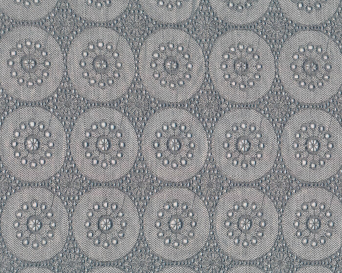 Baumwollstoff CIRCLE mit Lochstickerei, Blütenkreise, grau, Toptex