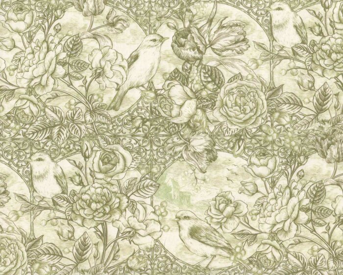 Patchworkstoff BIRD TOILE, Rosenhecke mit Vogel, olivgrün, In The Beginning