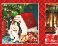 60-cm-Rapport Patchworkstoff FIRESIDE KITTENS, Katzen-Weihnachtsbilder, Henry Glass