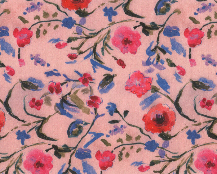 Italienische Bourette-Seide MARIONA, Blumen, rosa-blau