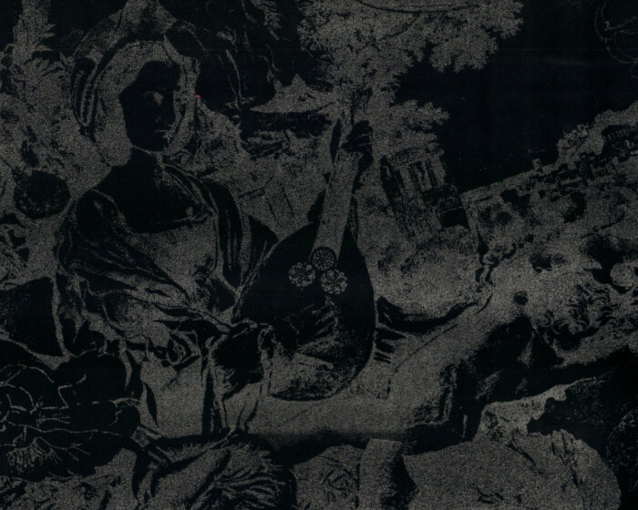 Italienischer Baumwollsamtstoff MUSICA, Lautenspielerin, schwarz