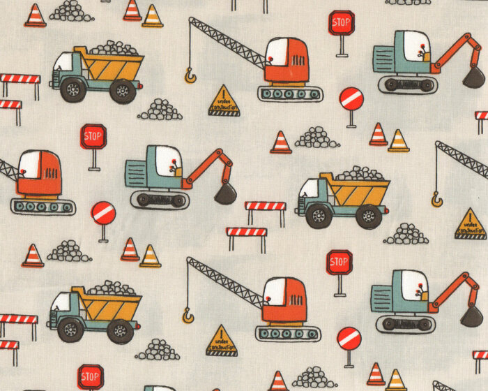 Deko-Baumwollstoff CHANTIER, Bagger, natur