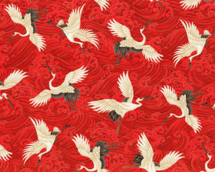 Metallic-Patchworkstoff KOKO, Kraniche, rot, Timeless Treasures