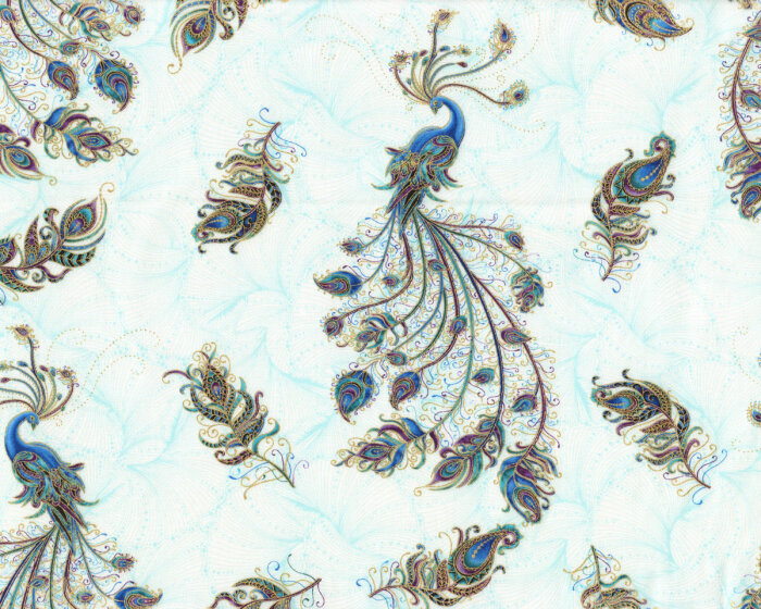 Metallic-Patchworkstoff PEACOCK FLOURISH, Pfaue, weiß, Ann Lauer
