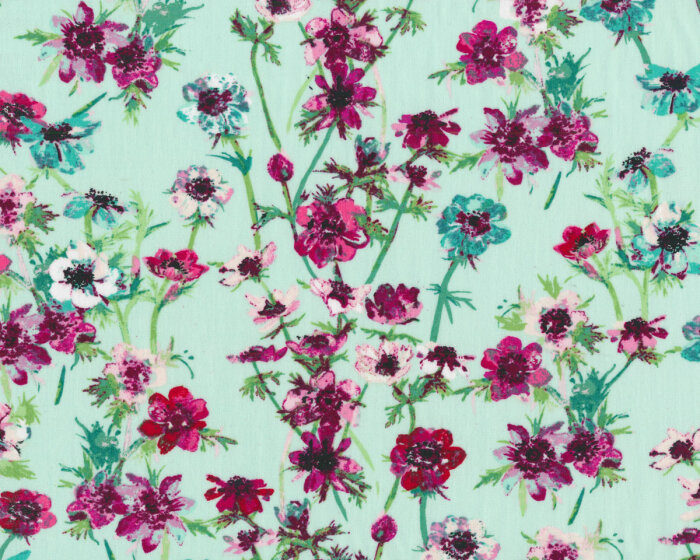 Popeline-Patchworkstoff AQUARELLE, Anemonen, mintgrün, Katarina Roccella