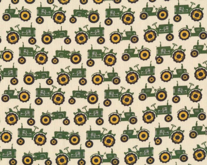 Patchworkstoff QUILT BARN PRINTS, Traktor, moosgrün, Benartex