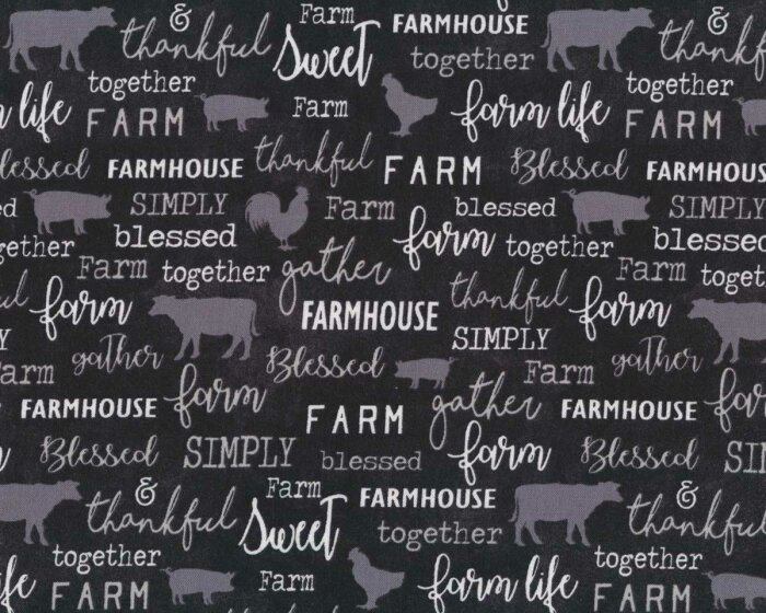 Patchworkstoff FARM SWEET FARM, Schrift, schwarz, Benartex