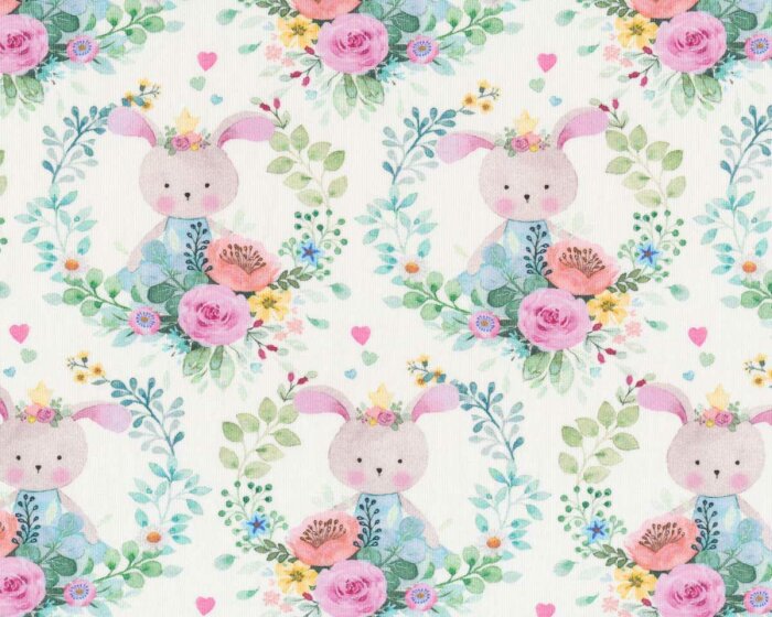 Baumwolljersey GIRLS MEDAILLON, blumige Hasen, Hilco