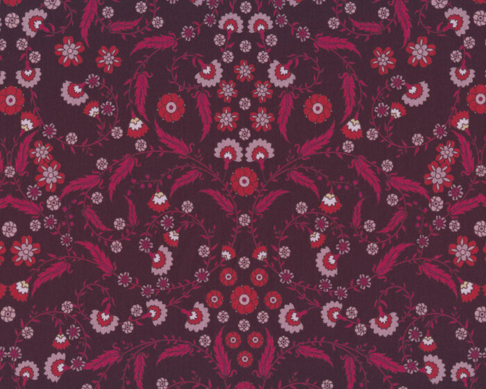 Baumwollstoff AVALANA, Blatt-Blüten-Ornament, aubergine
