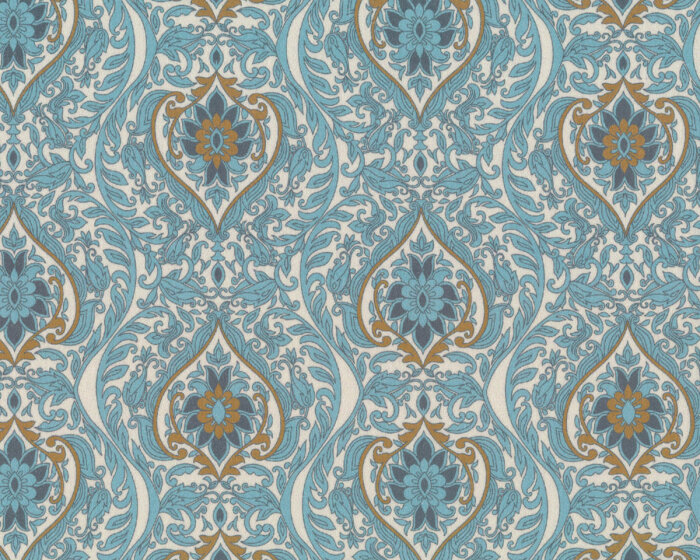 Baumwollstoff AVALANA, Blattranken-Ornament, taubenblau