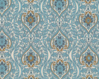 Baumwollstoff AVALANA, Blattranken-Ornament, taubenblau