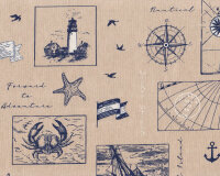 Dekostoff EMMA, Kompass und Seepferdchen, natur-blau