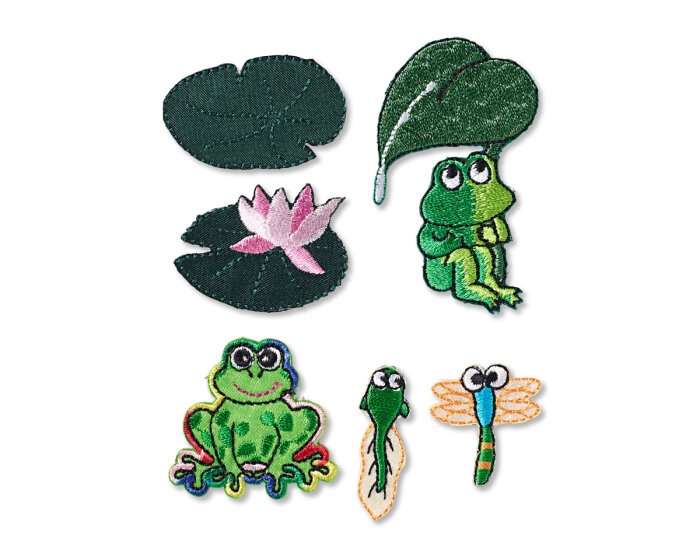 Bestickte Applikation FROSCHTEICH mit Fröschen, 6 Stück, Prym