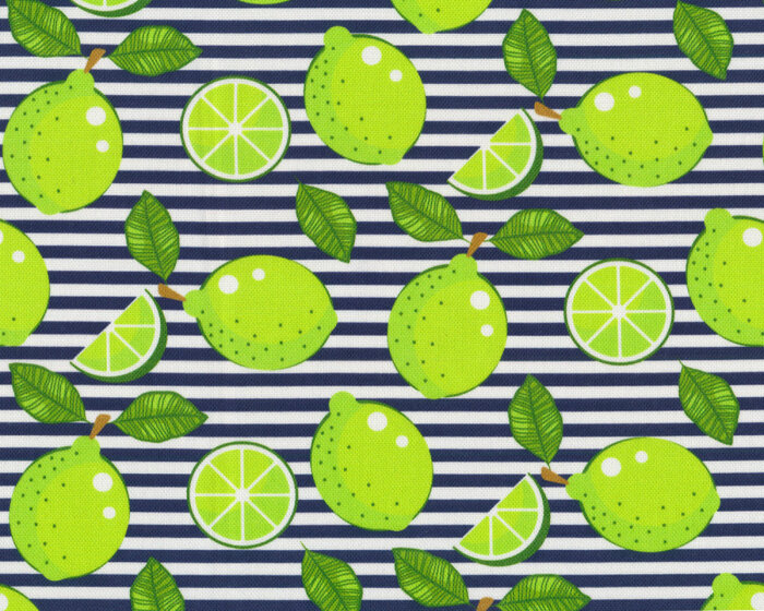 Dekostoff HAPPY, Limetten auf Streifen, schwarz-hellgrün