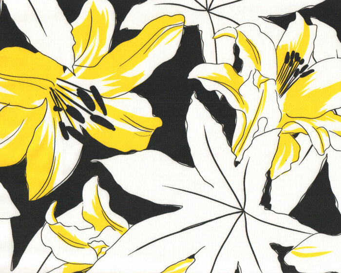 Baumwoll-Stretchstoff LILLA LILLY, Mega-Lilien, gelb-schwarz, Hilco