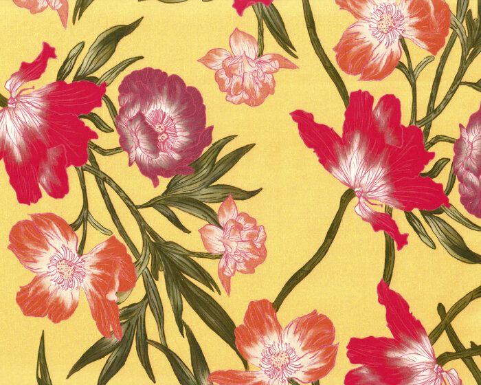 Baumwollstoff mit Stretch PASQUAL, Clematis-Blüten, gelb, Toptex