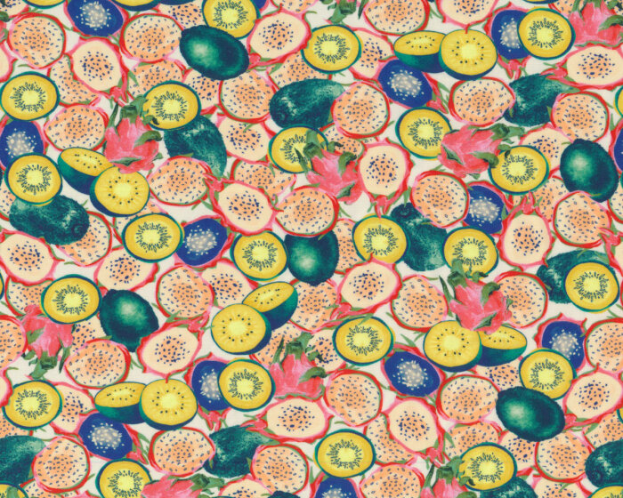 Baumwoll-Viskosestoff FRUITS, Kiwis, gelb, Toptex