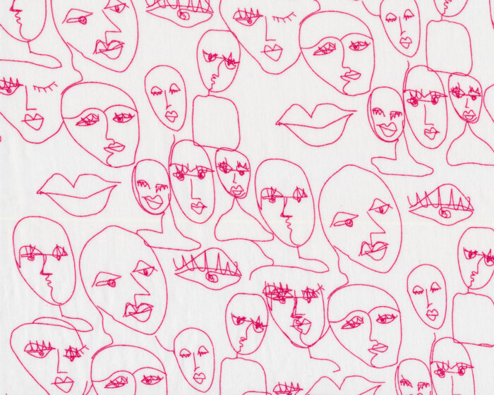 Viskosestoff FACE, Gesichter, weiß-fuchsia, Toptex