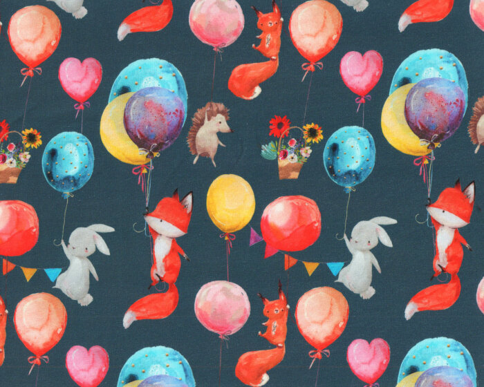 Baumwoll-Sweatstoff ILJA, Füchse mit Luftballons, dunkelblau