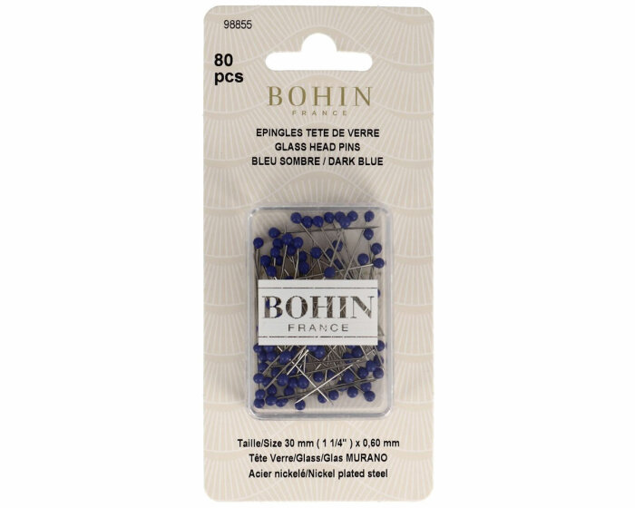 Glaskopfstecknadeln aus Muranoglas EXTRAFEIN, verschiedene Farben, Bohin blau