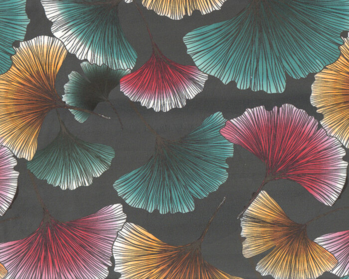 Samtstoff Velour MURSI, Ginkgoblätter, petrol-pink