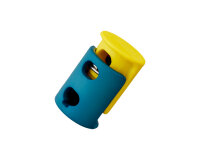 Doppelkordelstopper 6 mm Durchlass, Union Knopf gelb-petrol