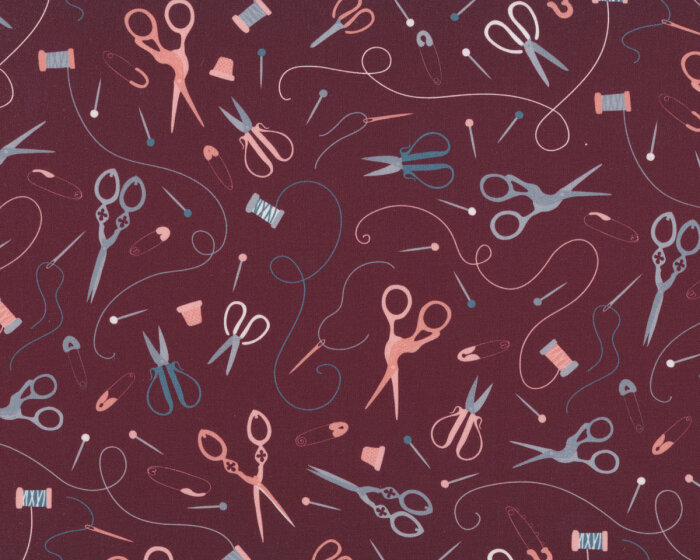 Baumwollstoff TAILOR, Scheren und Garn, weinrot
