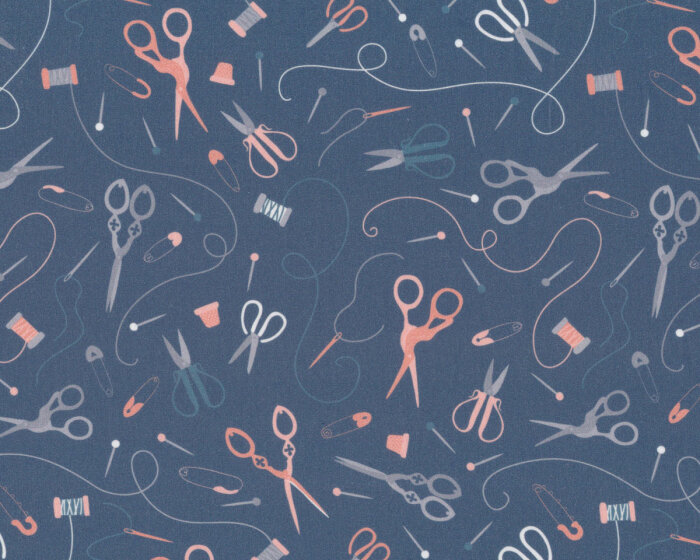 Baumwollstoff TAILOR, Scheren und Garn, blaugrau