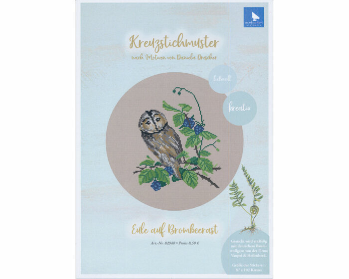 Stickvorlage: Eule auf Brombeerast, Acufactum
