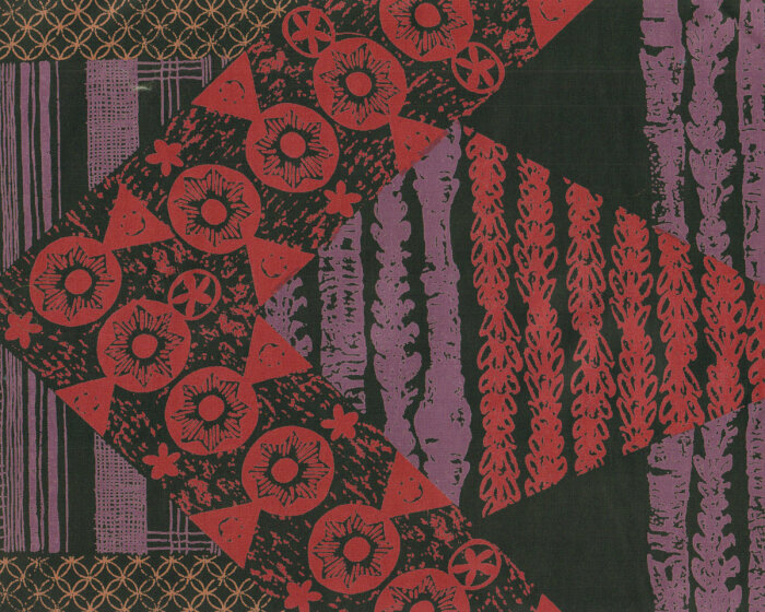 Beschichteter Baumwoll-Dekostoff mit Muster-Patchwork, schwarz-rostrot