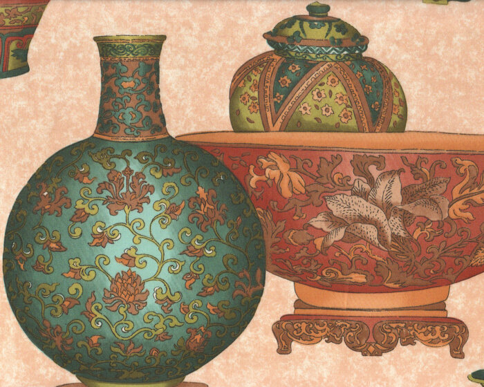 Baumwoll-Dekostoff MING mit chinesischen Vasen, petrol-braun