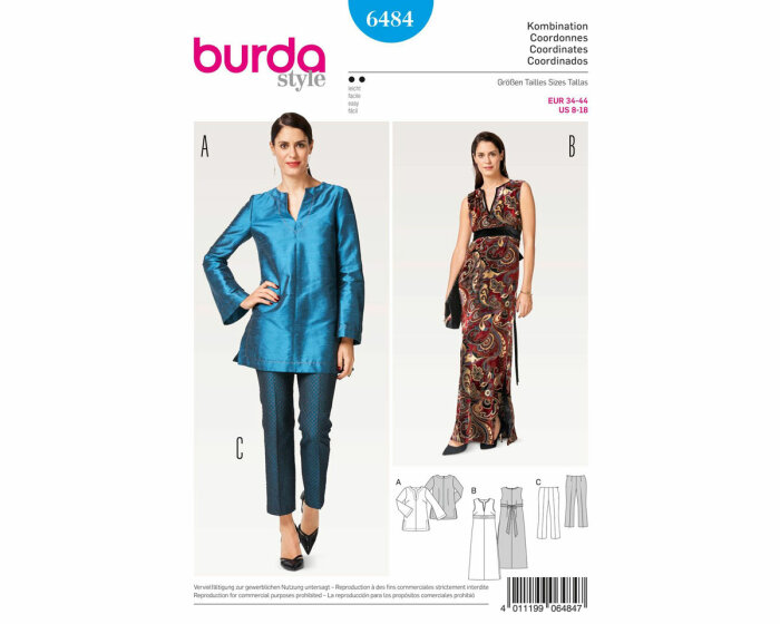 Schnittmuster Bluse und Hose oder Kleid mit Gürtel, burda style 6484