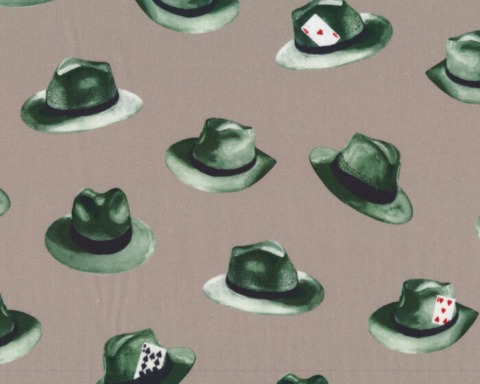 Baumwollstoff VEGAS SOMBRER, Hüte mit Spielkarten, grau, Patricia Meyer
