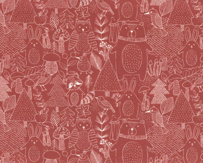 Baumwolljersey FORREST ANIMAL, Waldtiere, rostrot, Hilco