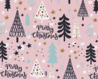 Baumwollstoff NOEL, Weihnachtsbäume & Schrift, rosa