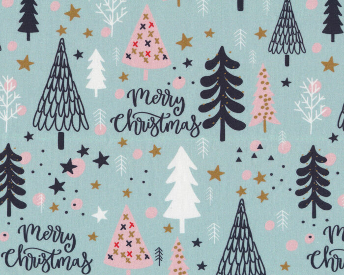 Baumwollstoff NOEL, Weihnachtsbäume & Schrift, mintgrün