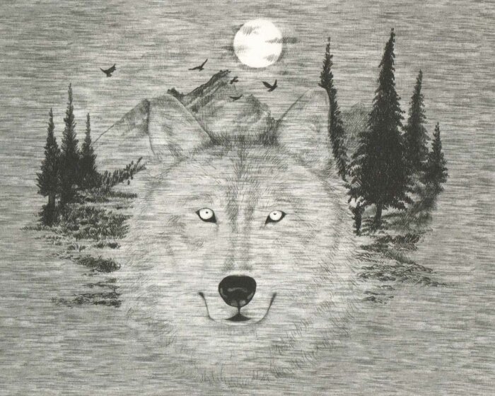60-cm-Panel Sweatstoff WILD WOLF, Wolfkopf, grau meliert, Hilco
