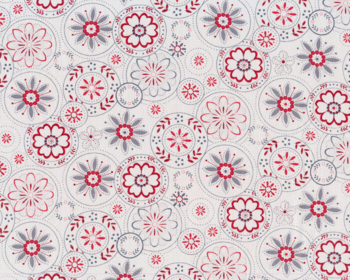 Patchworkstoff SCARLET STITCHES, Blütenkreise, weiß-rot, Henry Glass
