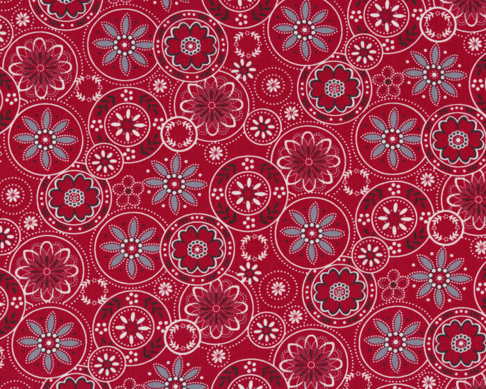 Patchworkstoff SCARLET STITCHES, Blütenkreise, rot-grau, Henry Glass