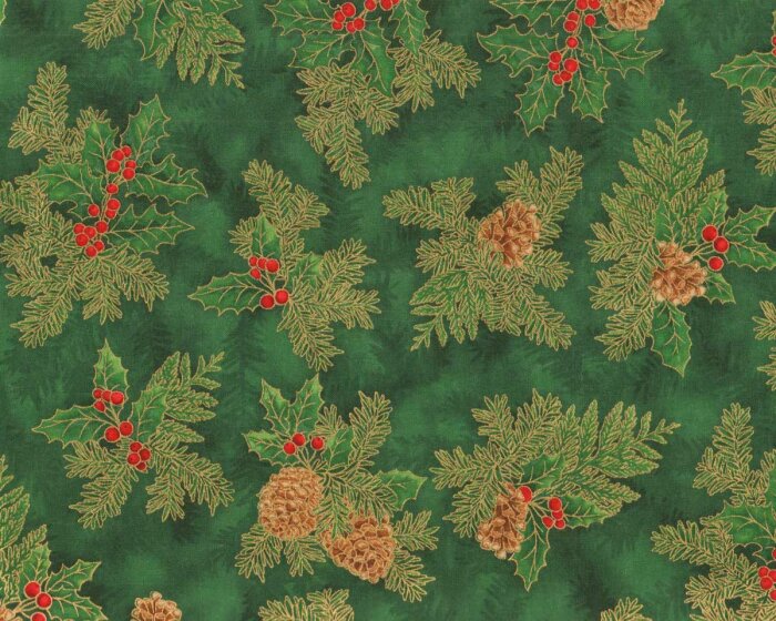 Metallic-Patchworkstoff HOLIDAY FLOURISH, Zapfen-Gesteck, grün-gold, Robert Kaufman