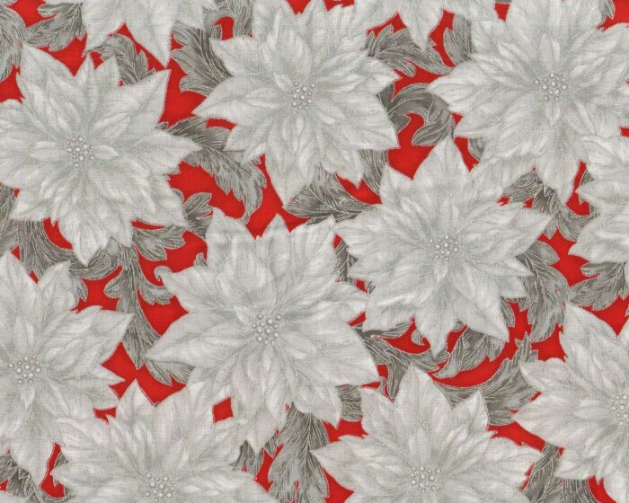 Metallic-Patchworkstoff HOLIDAY FLOURISH, Weihnachtsstern-Blüten, rot-silber, Robert Kaufman