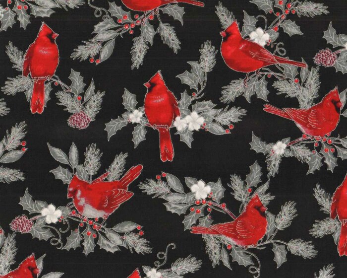 Metallic-Patchworkstoff WINTERS GRANDEUR, Vögel, schwarz-silber, Robert Kaufman