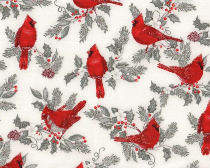 Metallic-Patchworkstoff WINTERS GRANDEUR, Vögel, weiß-silber, Robert Kaufman