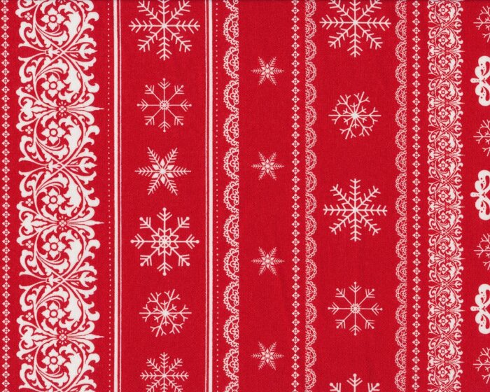 1,05 m Reststück Patchworkstoff JOY, LOVE, PEACE, Winter-Ornament-Streifen, rot-gebrochenes weiß
