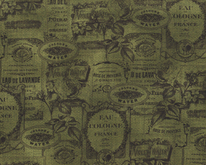 Patchworkstoff FRAGRANT ROSES, Parfüm-Label, olivgrün, Michael Miller